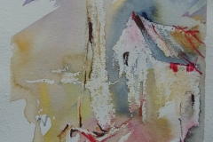 Haus mit Boot / Aquarell/Ölpastellkreide / 14 x 18