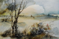 Landschaft mit Mohnblumen / Aquarell/Mischtechnik / 24 x 17